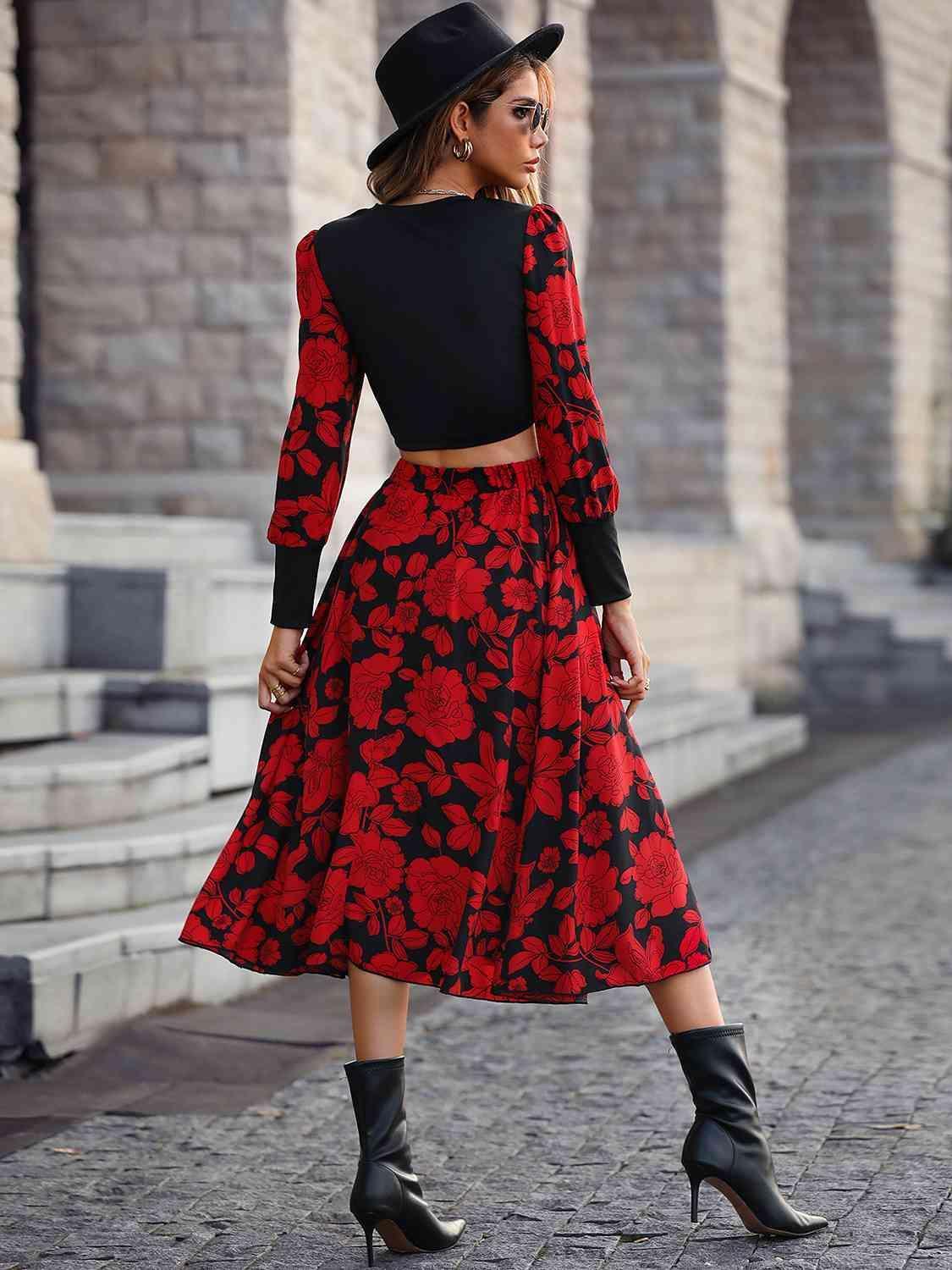 Stay Sophisticated Floral Long Sleeve Top and Skirt Set - MXSTUDIO.COM