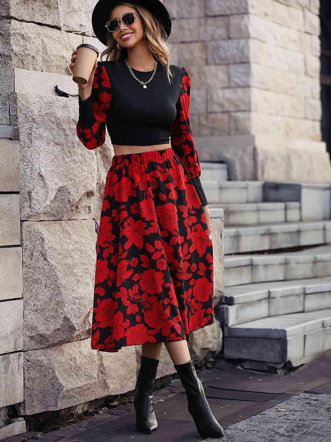 Stay Sophisticated Floral Long Sleeve Top and Skirt Set - MXSTUDIO.COM