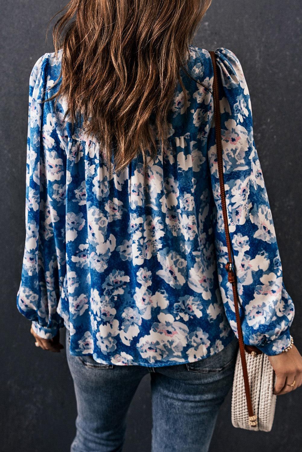 Stay True Blue Floral Long Sleeve Blouse - MXSTUDIO.COM