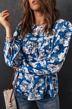 Stay True Blue Floral Long Sleeve Blouse - MXSTUDIO.COM