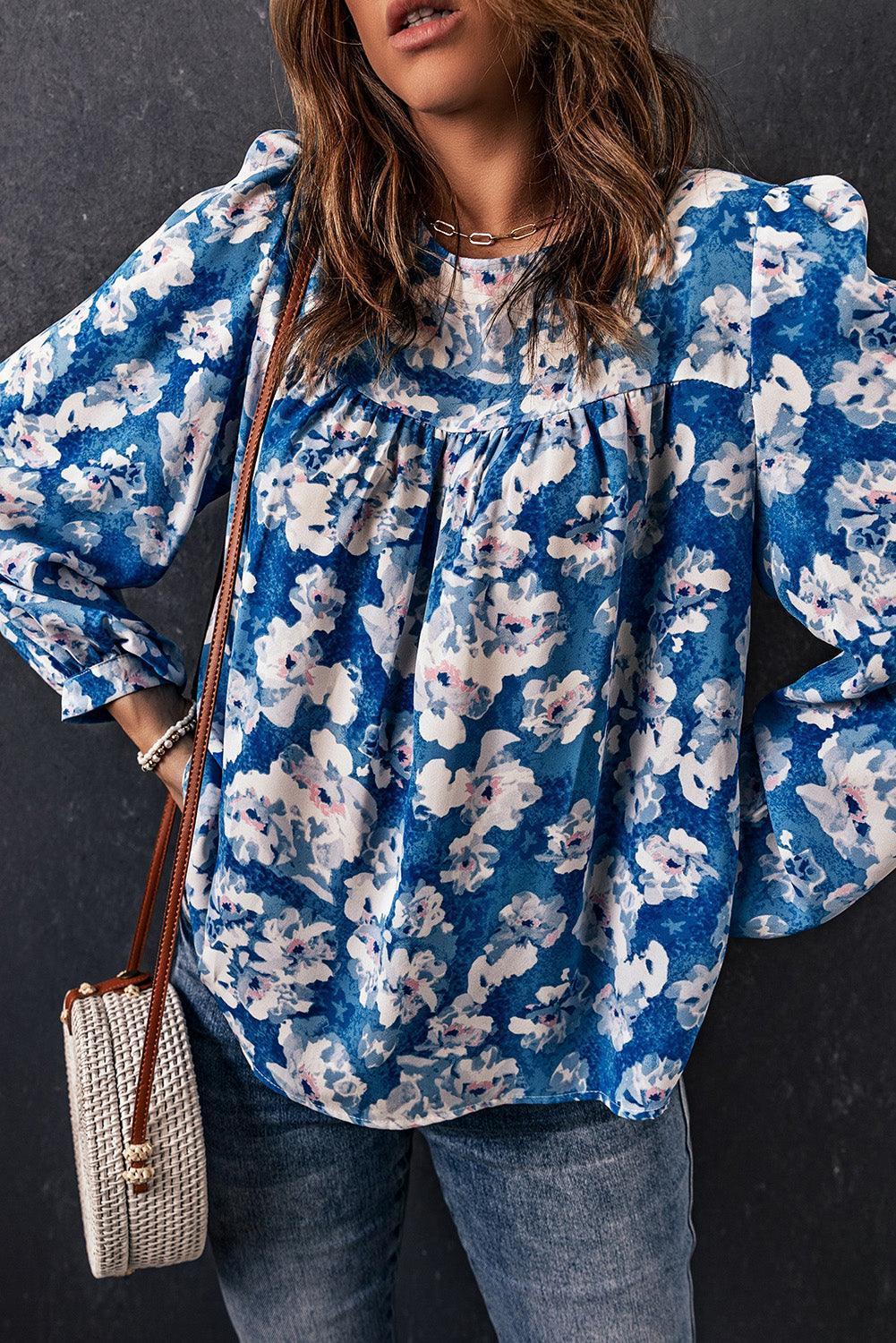 Stay True Blue Floral Long Sleeve Blouse - MXSTUDIO.COM