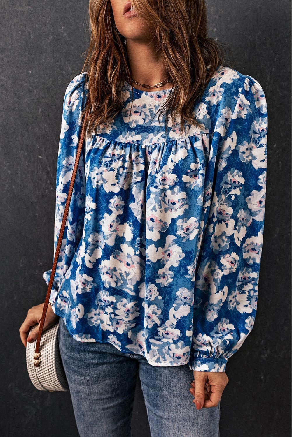 Stay True Blue Floral Long Sleeve Blouse - MXSTUDIO.COM