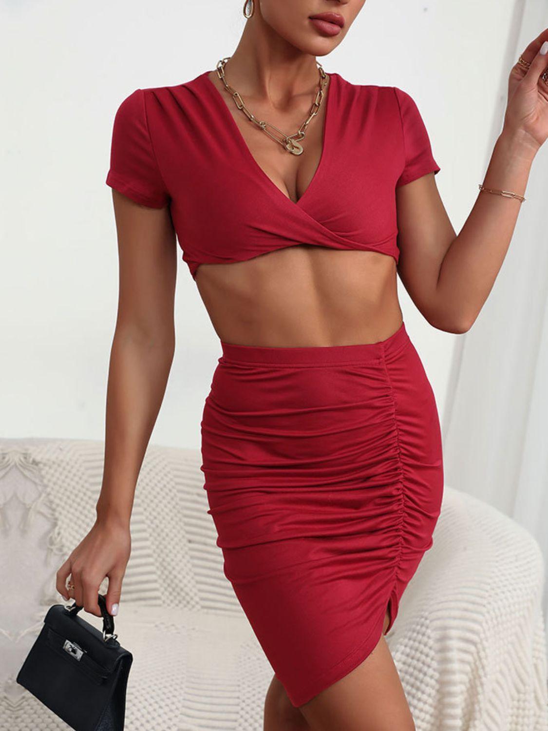 Steamy Plunge Neckline Top and Pleated Skirt Set - MXSTUDIO.COM