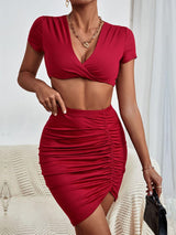 Steamy Plunge Neckline Top and Pleated Skirt Set - MXSTUDIO.COM