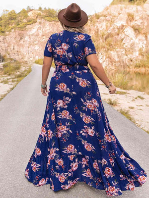 Stimulating V-Neck Plus Size Blue Floral Dress - MXSTUDIO.COM