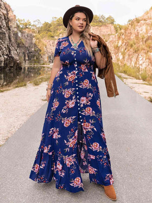 Stimulating V-Neck Plus Size Blue Floral Dress - MXSTUDIO.COM