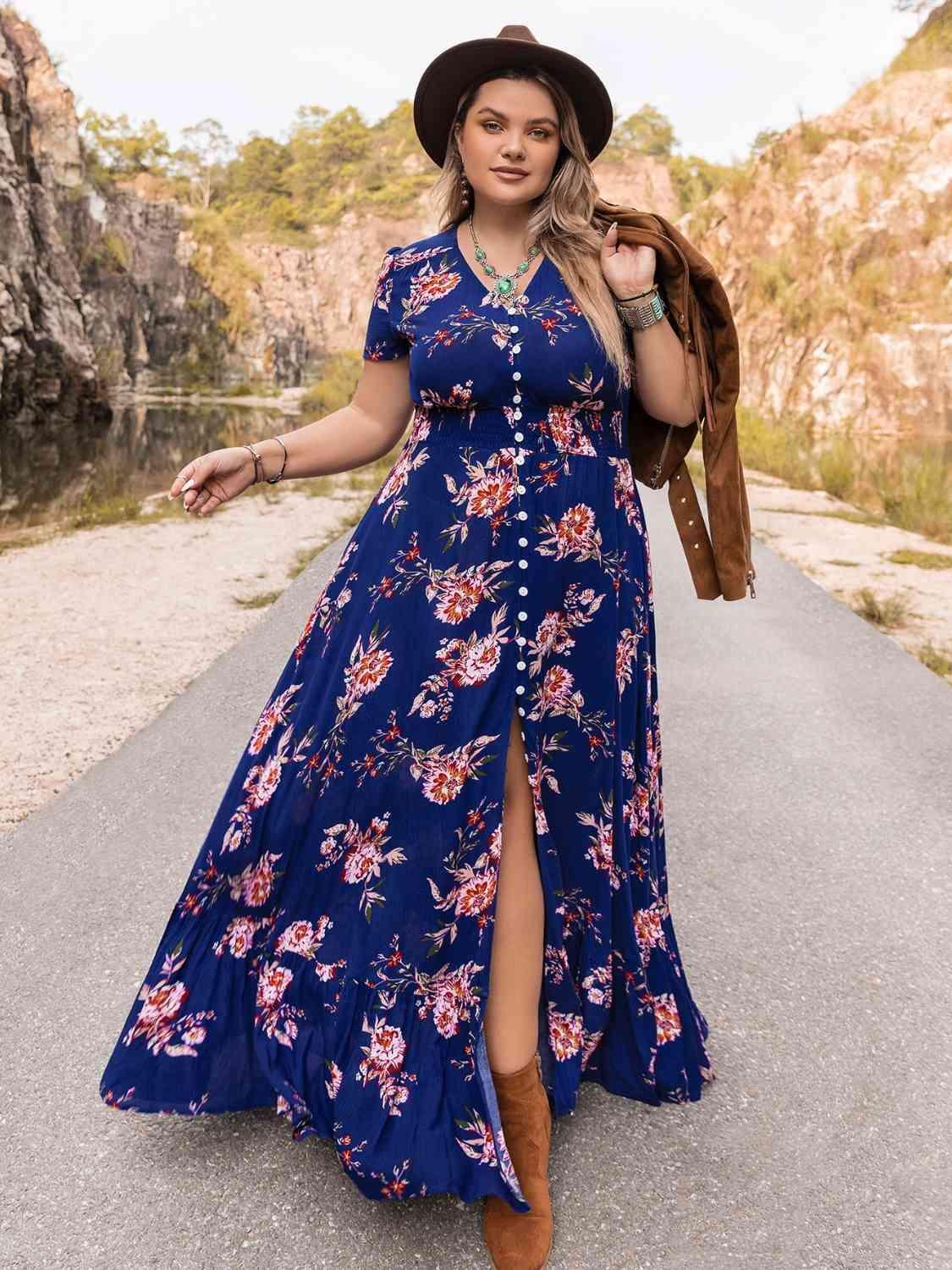 Stimulating V-Neck Plus Size Blue Floral Dress - MXSTUDIO.COM