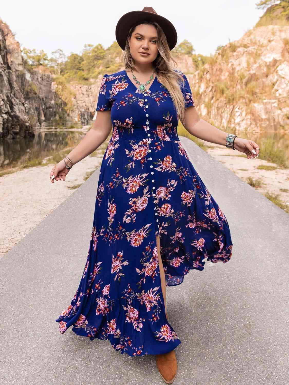 Stimulating V-Neck Plus Size Blue Floral Dress - MXSTUDIO.COM