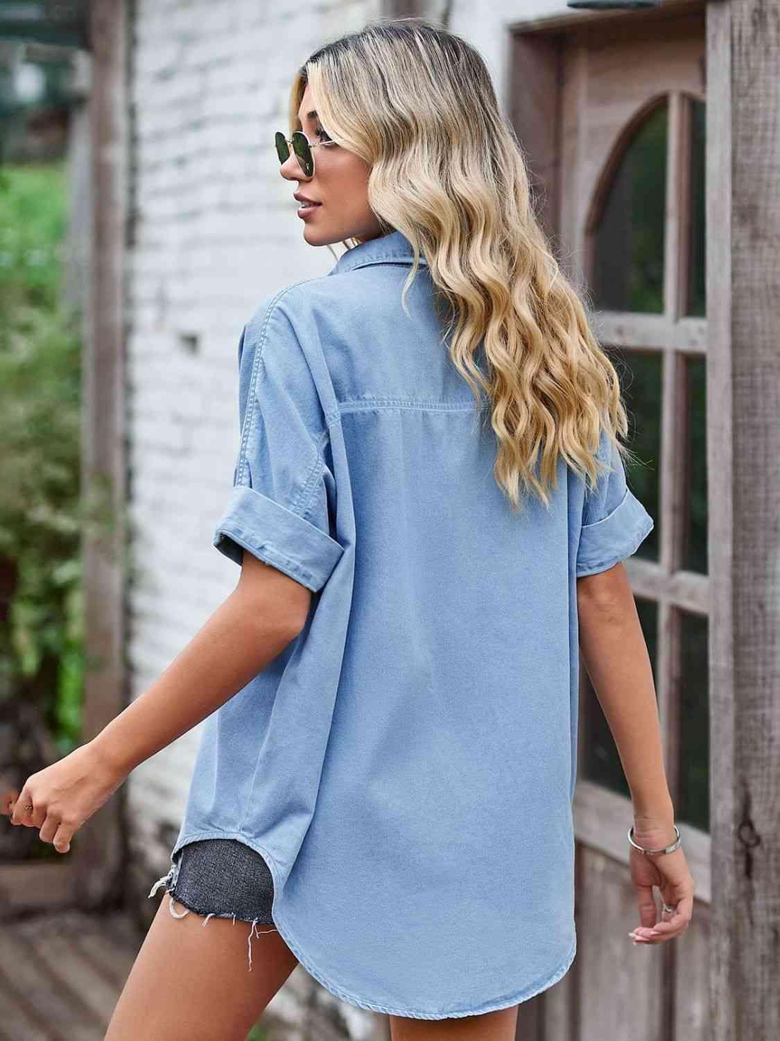 Street Chic Collared Denim Short Sleeve Shirt - MXSTUDIO.COM