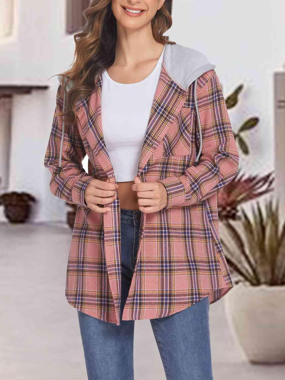 Street Style Button Up Plaid Hoodie-MXSTUDIO.COM