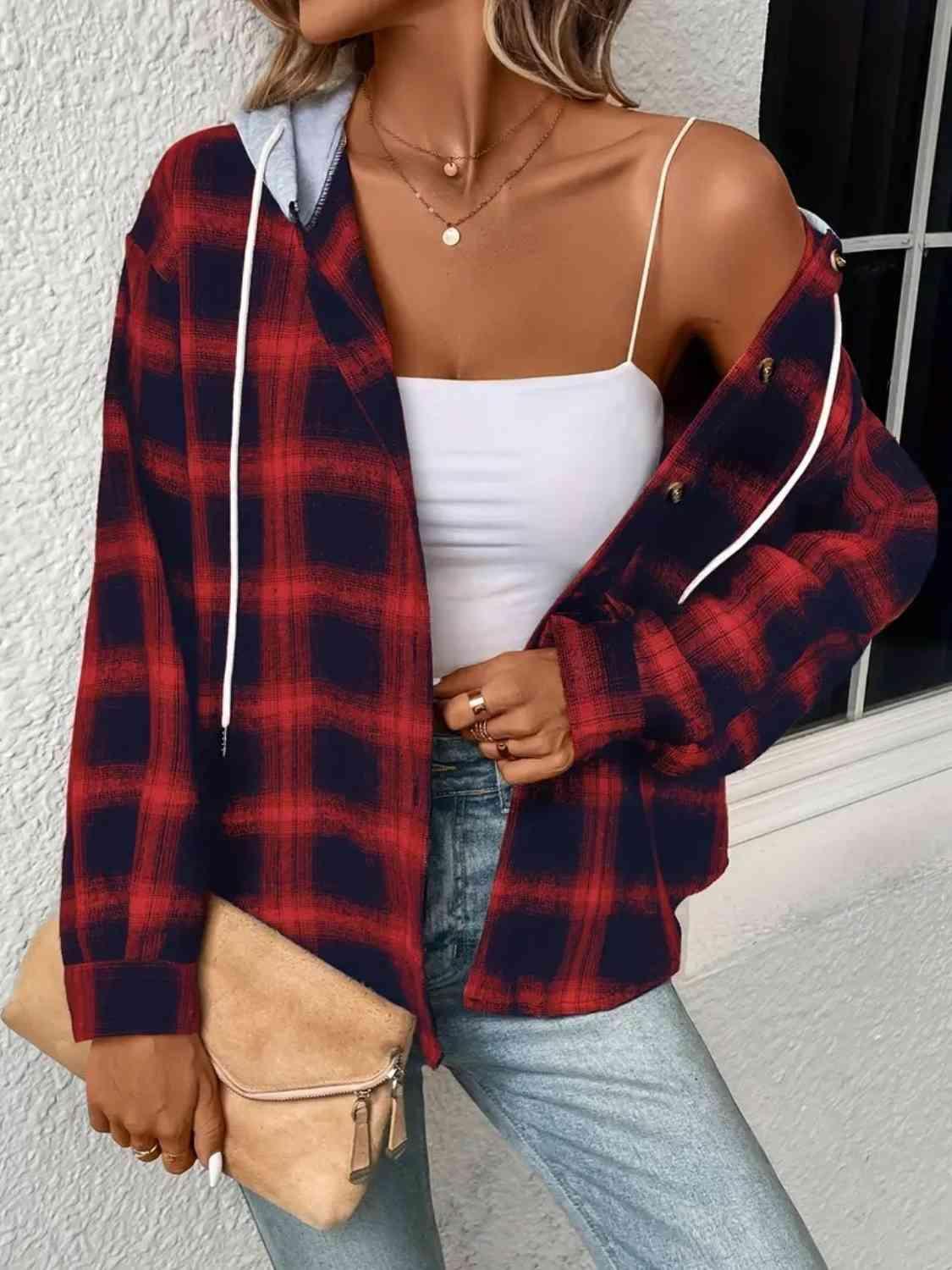 Street Style Button Up Plaid Hoodie-MXSTUDIO.COM