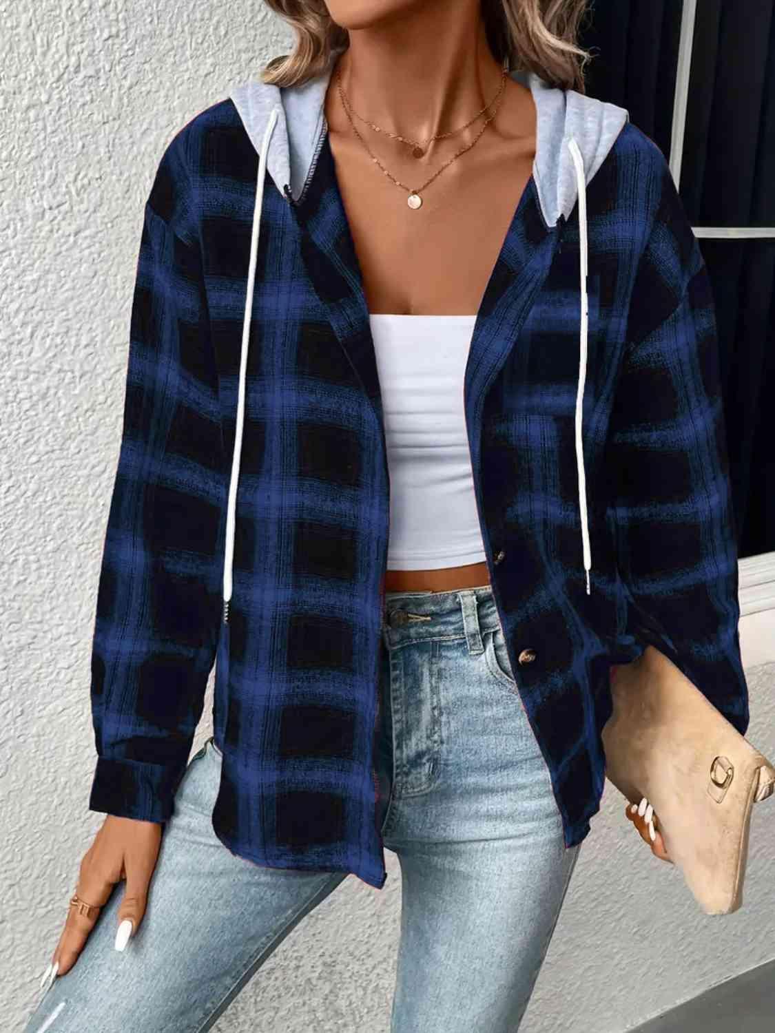 Street Style Button Up Plaid Hoodie-MXSTUDIO.COM