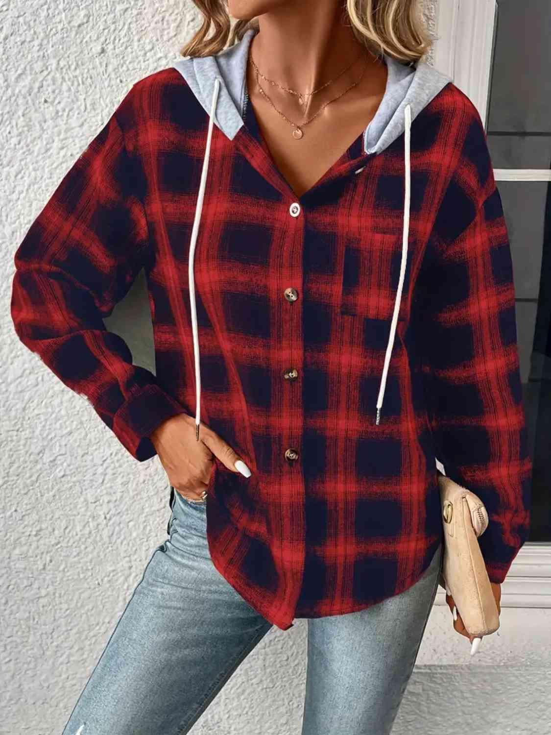 Street Style Button Up Plaid Hoodie-MXSTUDIO.COM