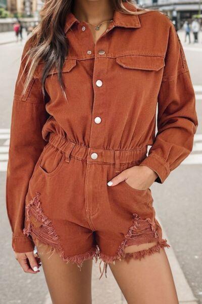 a woman standing on the street wearing a brown denim jumpsuit