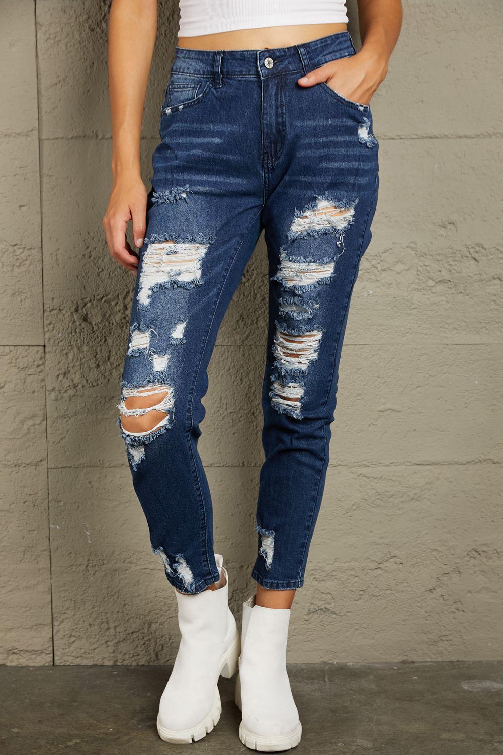 Streetwear Medium Wash Distressed Stretch Jeans - MXSTUDIO.COM