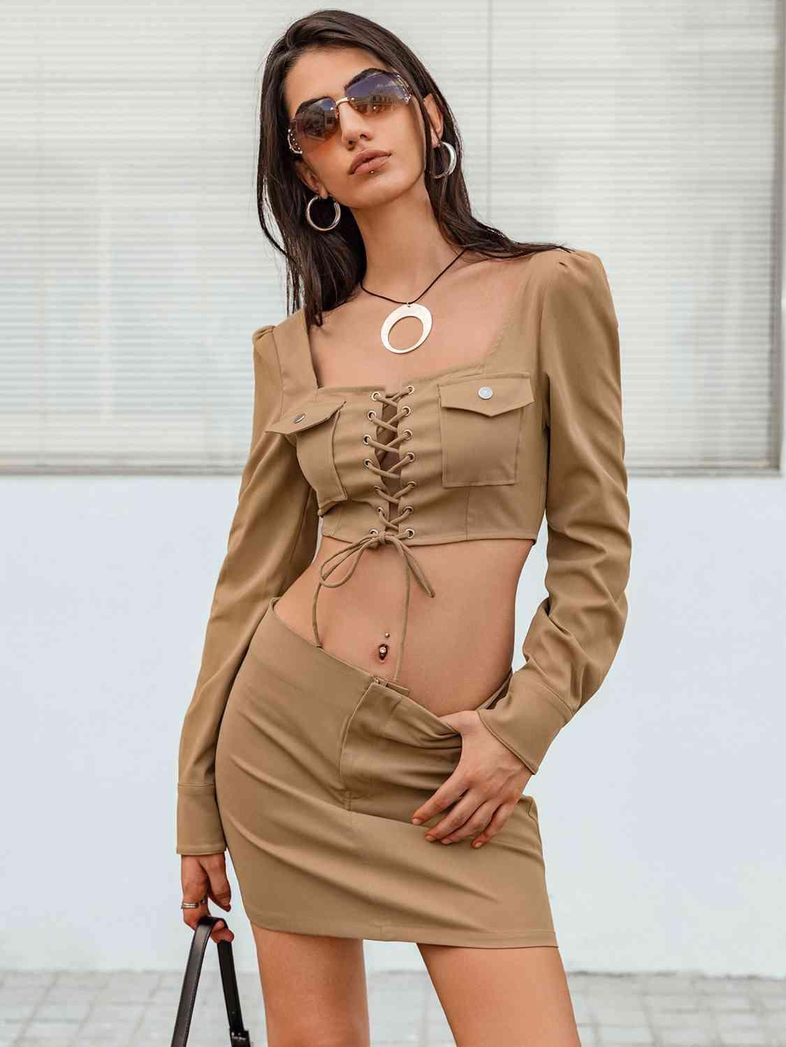 Striking Appeal Long Sleeve Crop Top and Skirt Set - MXSTUDIO.COM