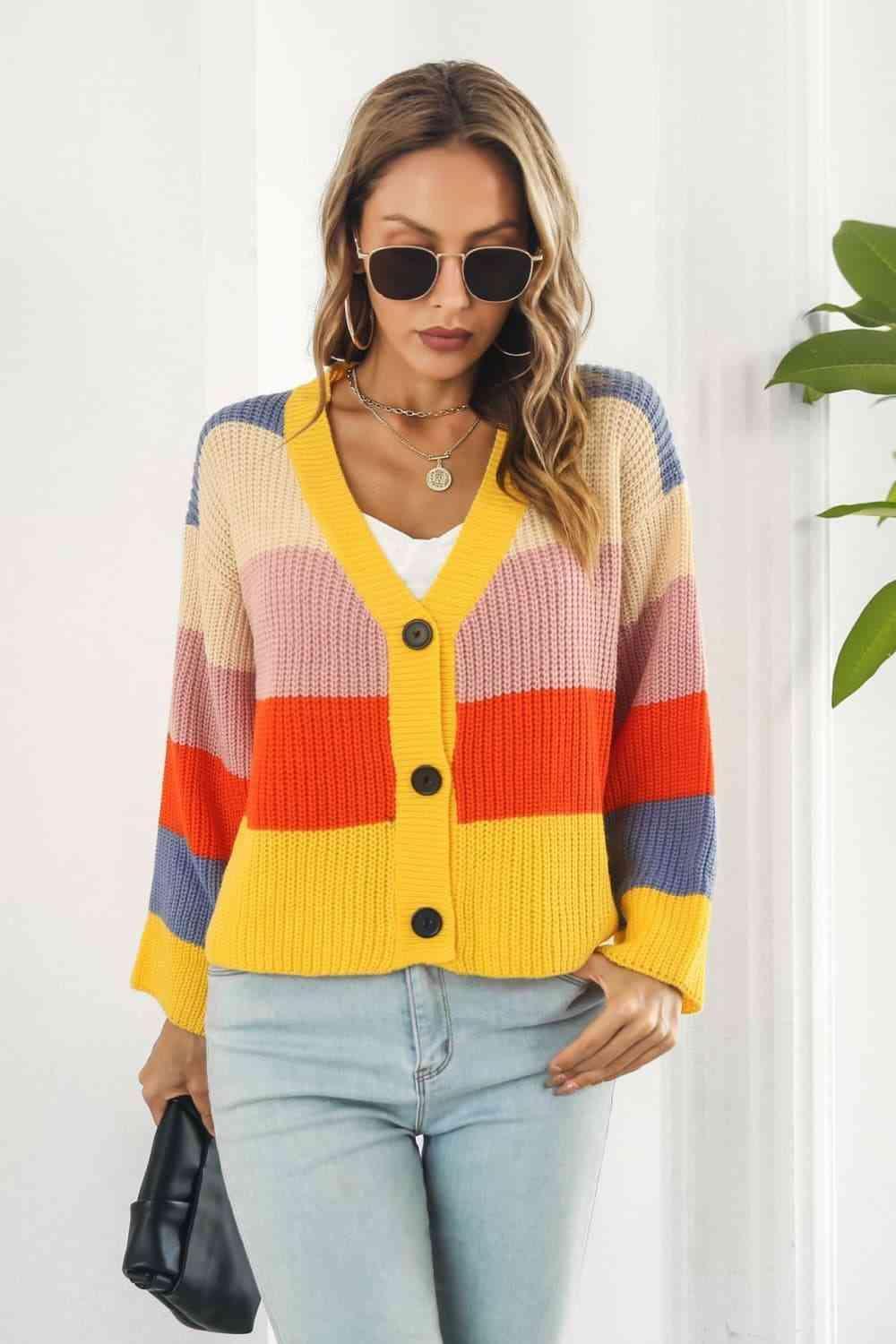 Striking Button Down Striped Knit Cardigan - MXSTUDIO.COM