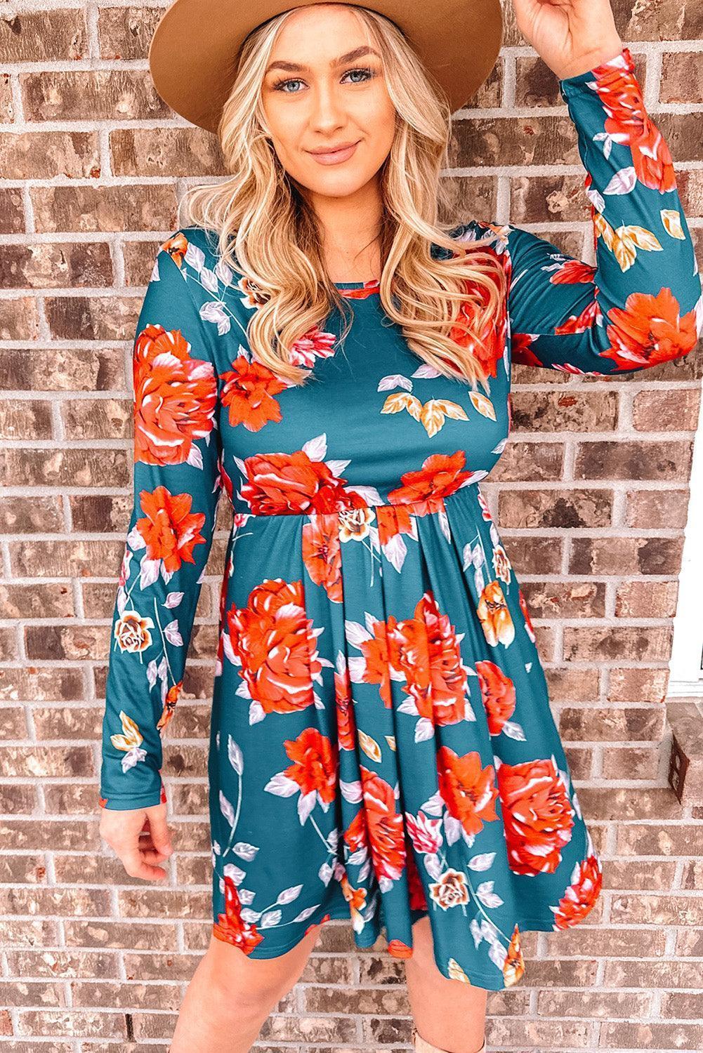 Striking Floral Long Sleeve Dress - MXSTUDIO.COM