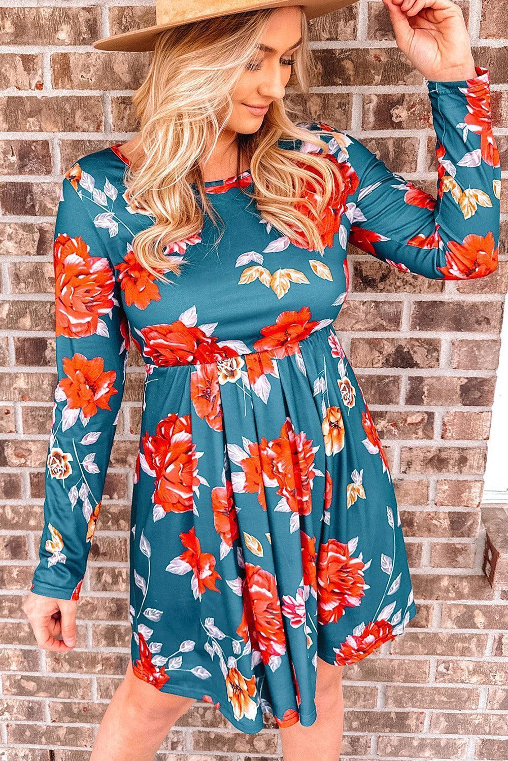 Striking Floral Long Sleeve Dress - MXSTUDIO.COM