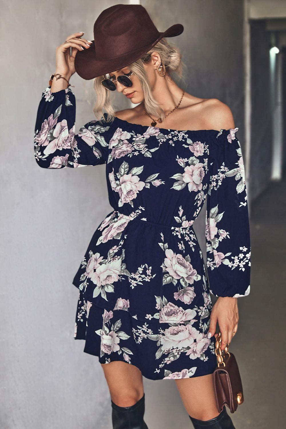 Striking Floral Off-Shoulder Mini Dress - MXSTUDIO.COM