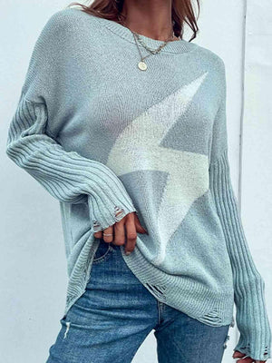 Striking Knit Crew Neck Lightning Bolt Sweater-MXSTUDIO.COM