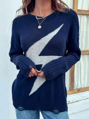 Striking Knit Crew Neck Lightning Bolt Sweater-MXSTUDIO.COM