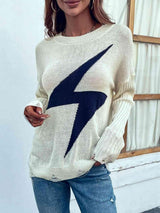 Striking Knit Crew Neck Lightning Bolt Sweater-MXSTUDIO.COM