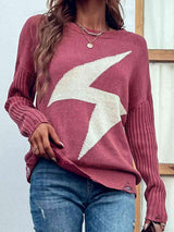 Striking Knit Crew Neck Lightning Bolt Sweater-MXSTUDIO.COM