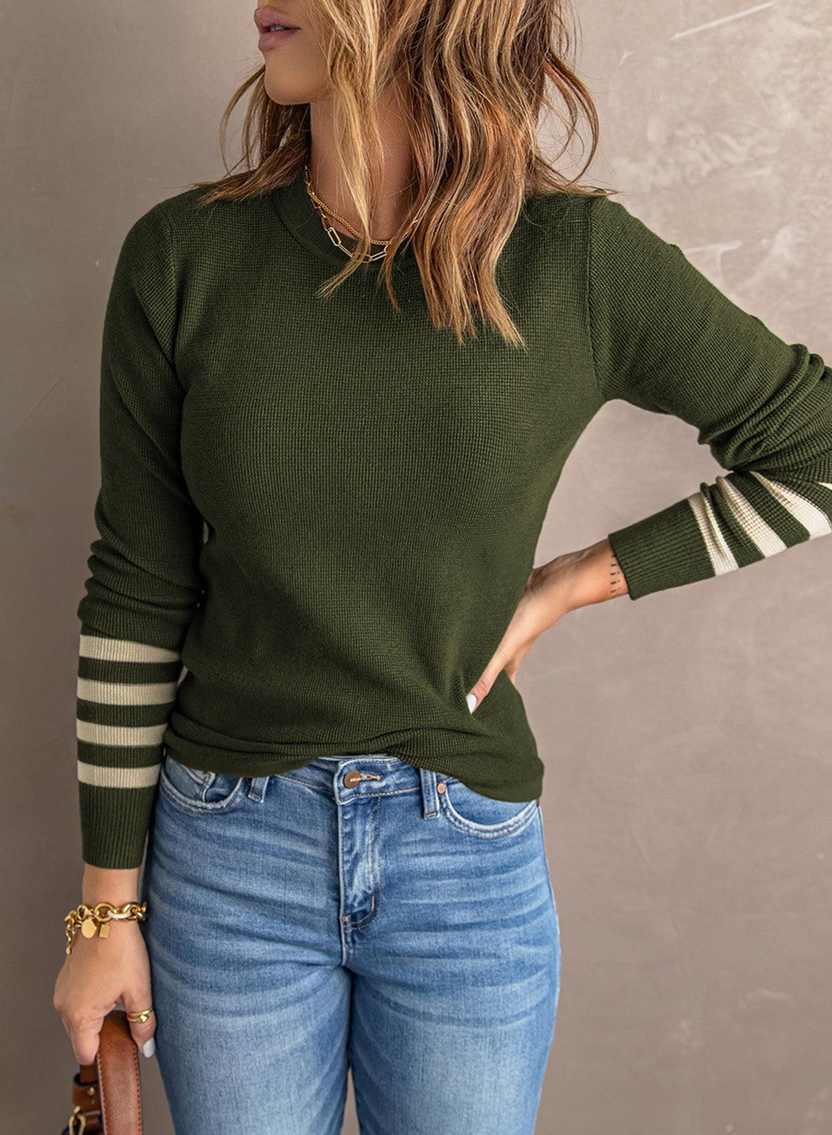 Stripe Accent Long Sleeve Olive Green Knit Sweater - MXSTUDIO.COM
