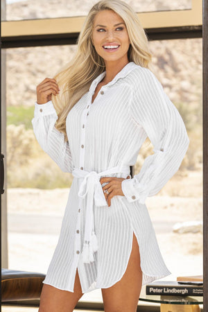 Striped Belted Button Up Cover Up Shirt Dress - MXSTUDIO.COM
