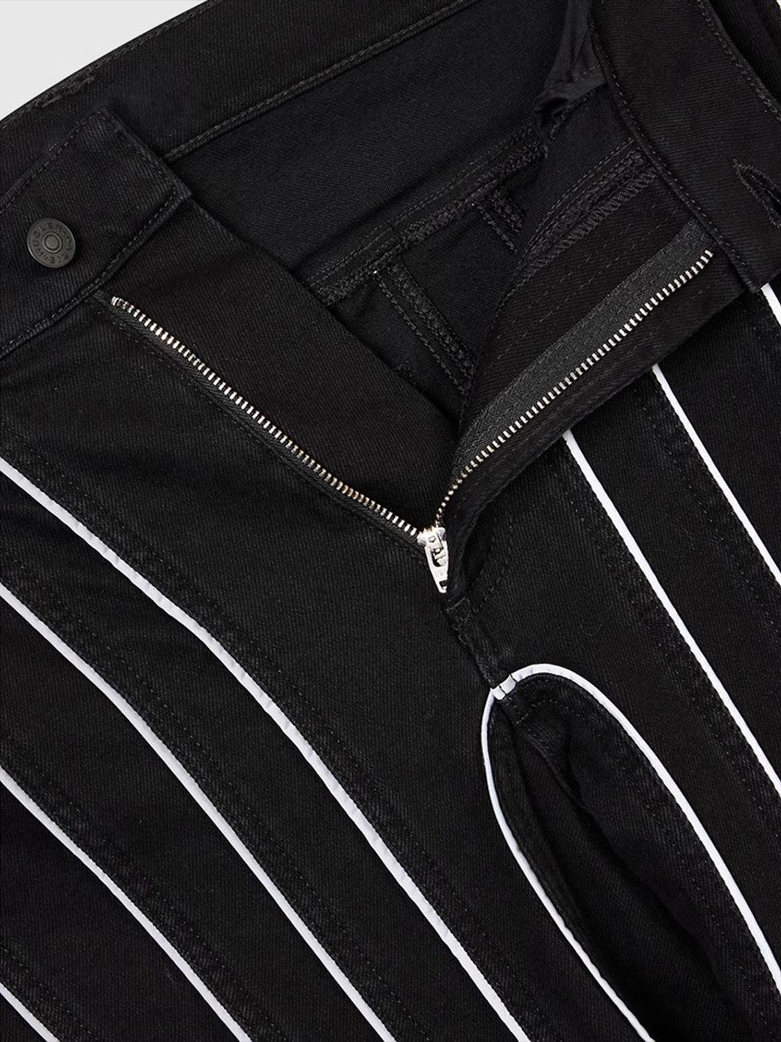 a close up of a black pants with white stripes