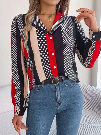 a woman wearing a red, black, and white shirt