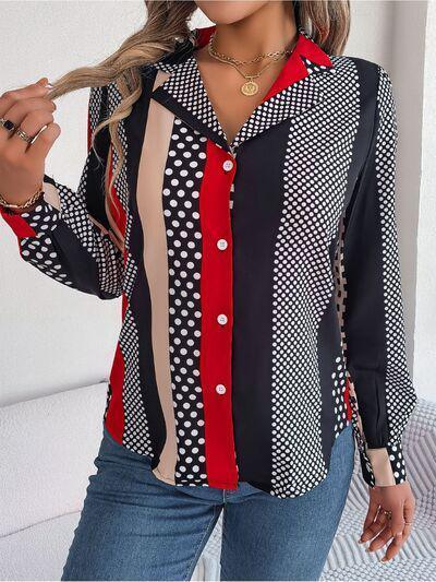 a woman wearing a polka dot shirt and jeans