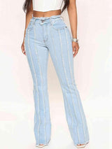 Striped Raw Hem Stretch Bootcut Jeans - MXSTUDIO.COM