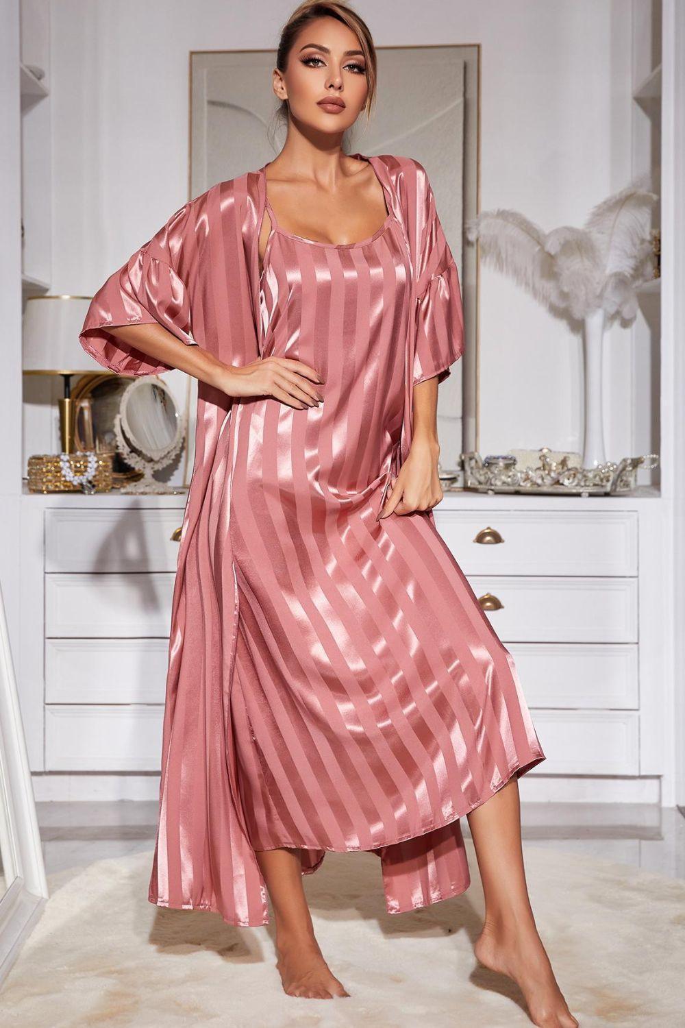 Striped Scoop Neck Cami Dress And Robe Set - MXSTUDIO.COM