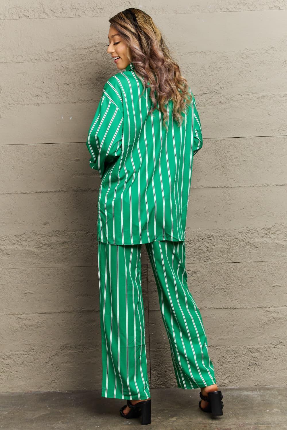 Striped Shirt And Pants Green Loungewear Set - MXSTUDIO.COM