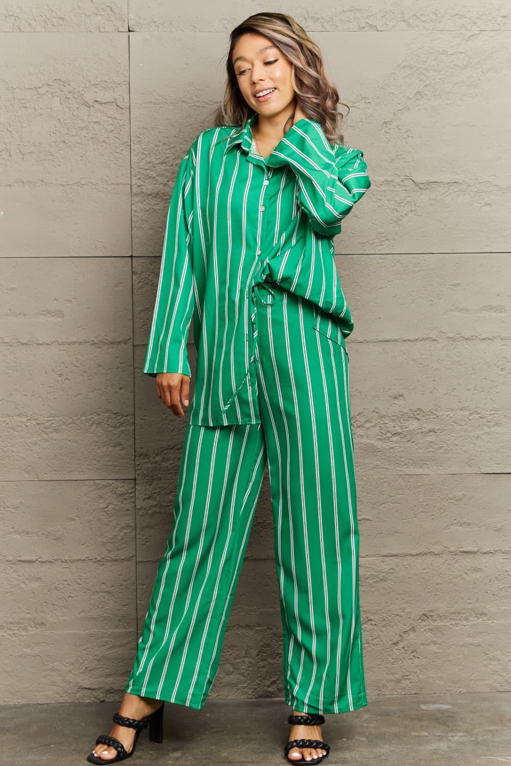Striped Shirt And Pants Green Loungewear Set - MXSTUDIO.COM