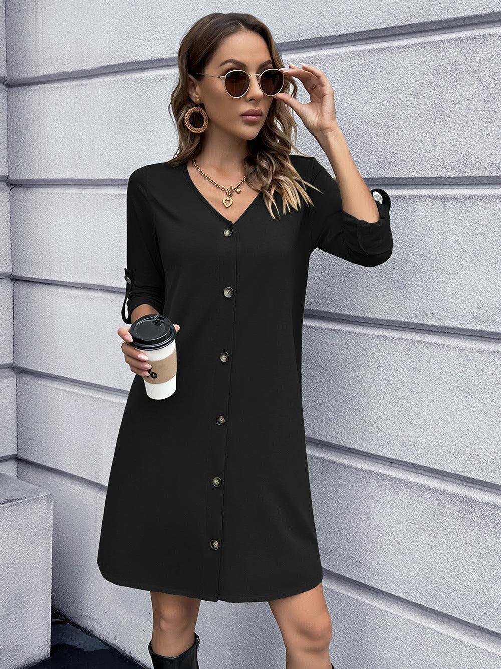 Stroll In Style V-Neck Long Sleeve Button Down Dress - MXSTUDIO.COM