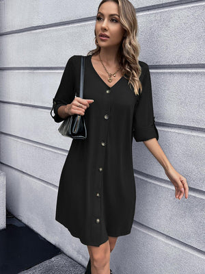 Stroll In Style V-Neck Long Sleeve Button Down Dress - MXSTUDIO.COM