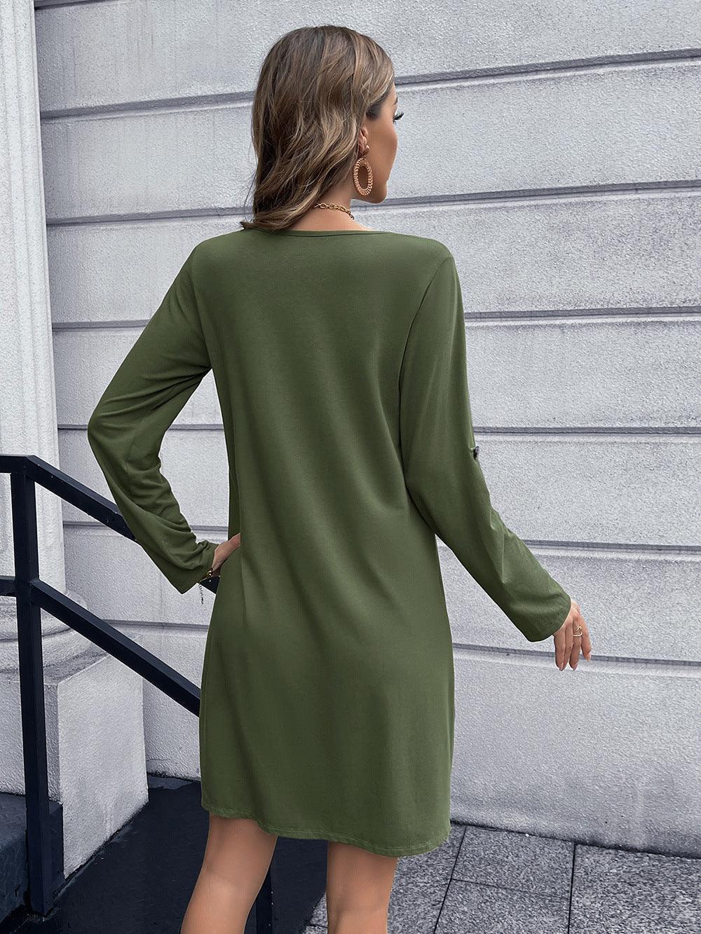 Stroll In Style V-Neck Long Sleeve Button Down Dress - MXSTUDIO.COM