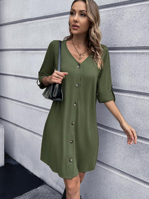 Stroll In Style V-Neck Long Sleeve Button Down Dress - MXSTUDIO.COM