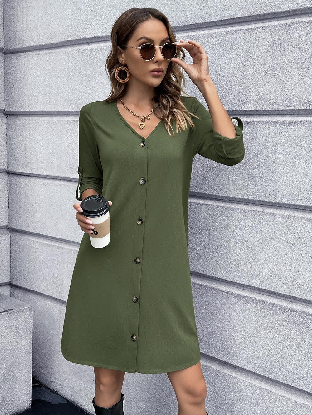 Stroll In Style V-Neck Long Sleeve Button Down Dress - MXSTUDIO.COM