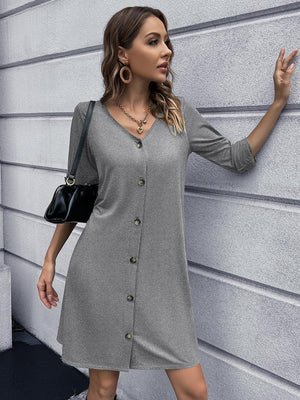 Stroll In Style V-Neck Long Sleeve Button Down Dress - MXSTUDIO.COM