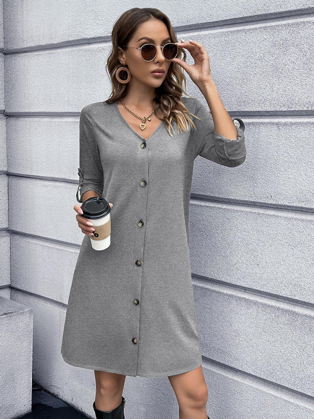 Stroll In Style V-Neck Long Sleeve Button Down Dress - MXSTUDIO.COM