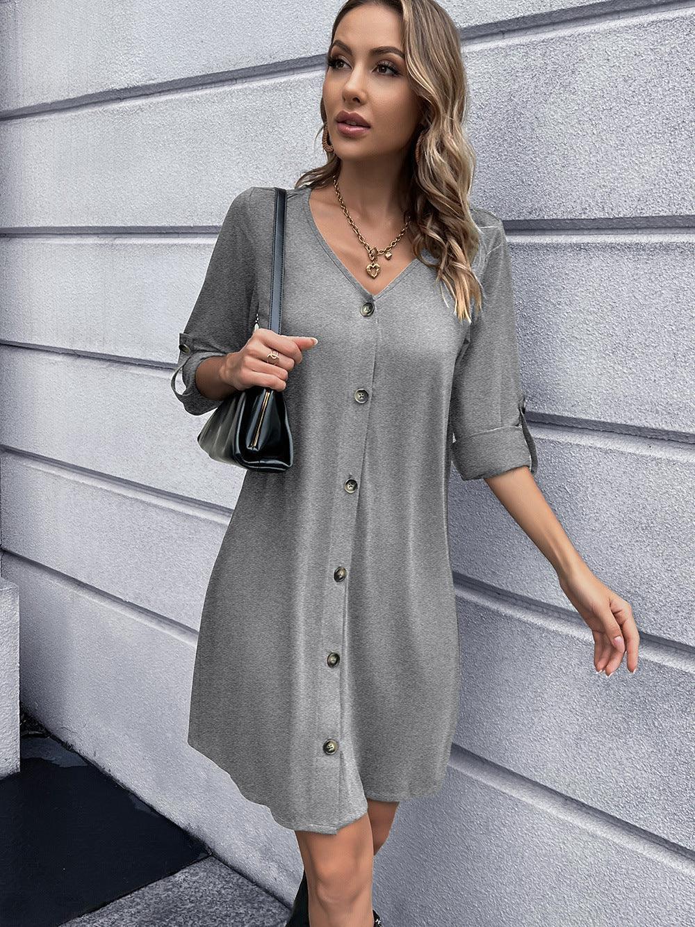 Stroll In Style V-Neck Long Sleeve Button Down Dress - MXSTUDIO.COM