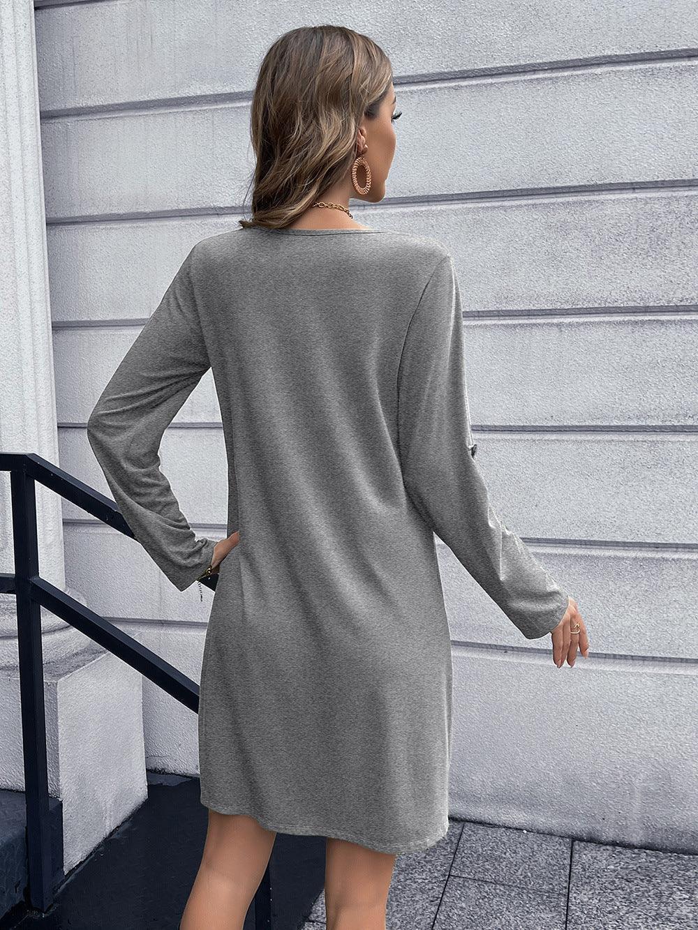 Stroll In Style V-Neck Long Sleeve Button Down Dress - MXSTUDIO.COM