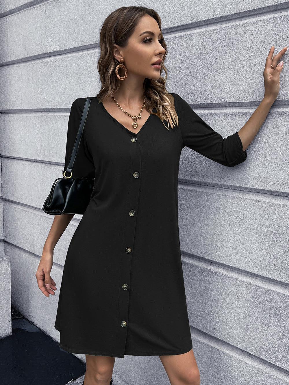 Stroll In Style V-Neck Long Sleeve Button Down Dress - MXSTUDIO.COM