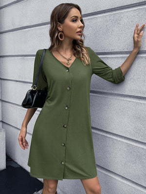 Stroll In Style V-Neck Long Sleeve Button Down Dress - MXSTUDIO.COM