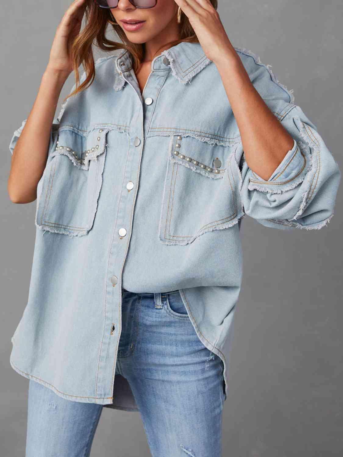 Studded Button Down Raw Hem Denim Jacket - MXSTUDIO.COM