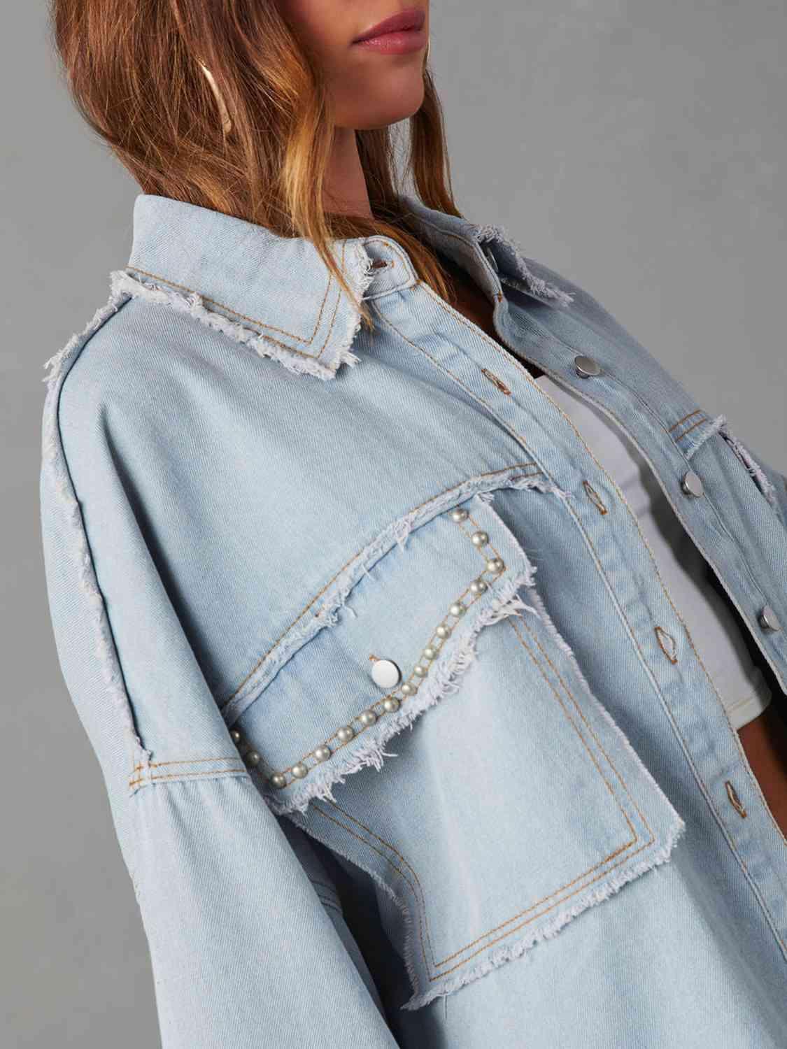 Studded Button Down Raw Hem Denim Jacket - MXSTUDIO.COM